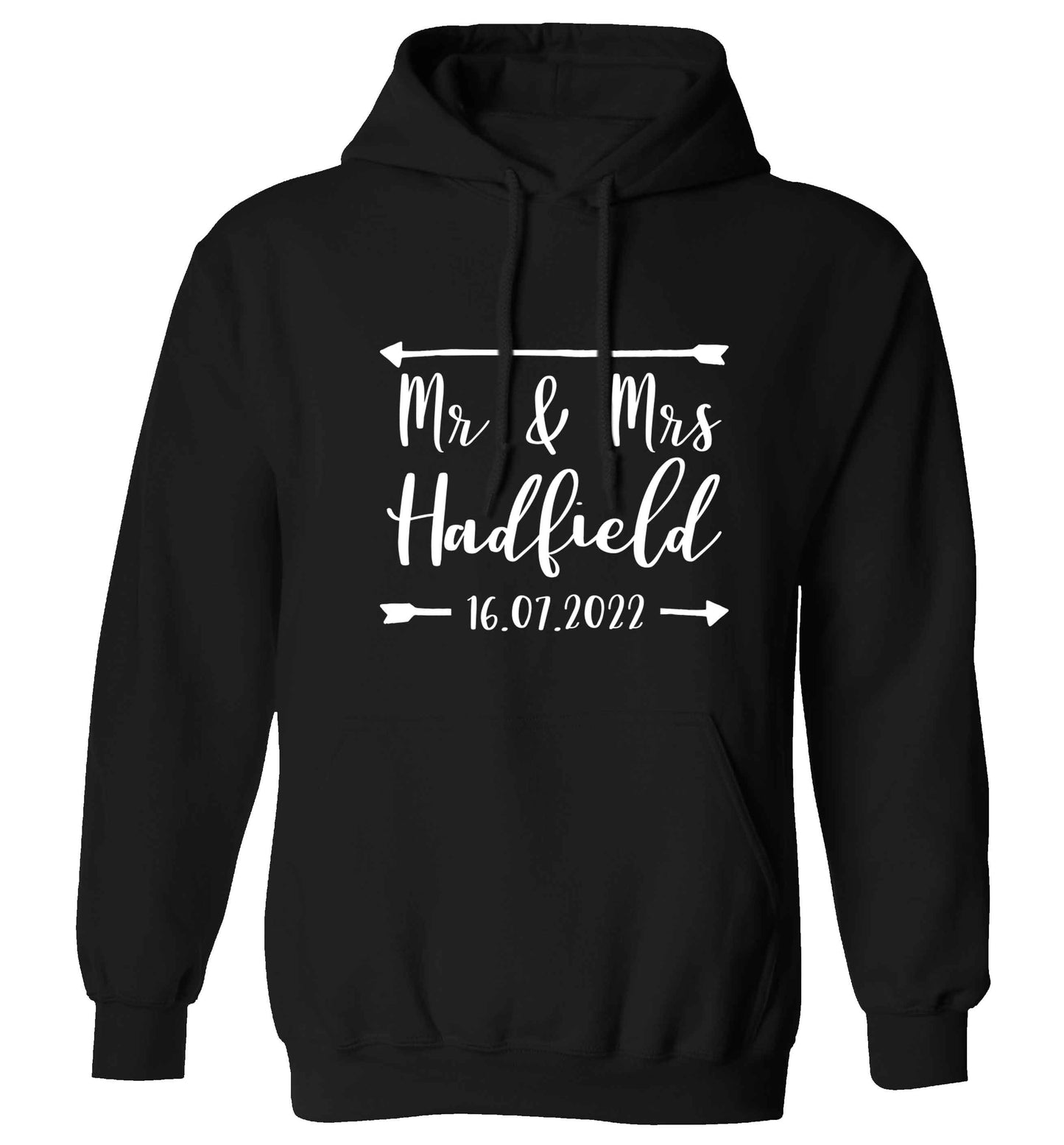 Personalised Mr and Mrs wedding date! Ideal wedding favours! adults unisex black hoodie 2XL