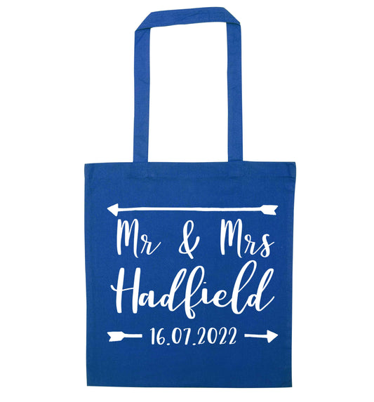Personalised Mr and Mrs wedding date! Ideal wedding favours! blue tote bag