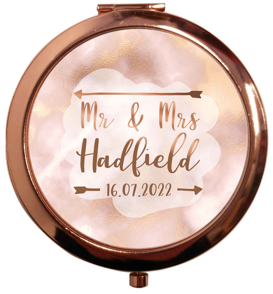 Personalised Mr and Mrs wedding date! Ideal wedding favours! rose gold circle pocket mirror