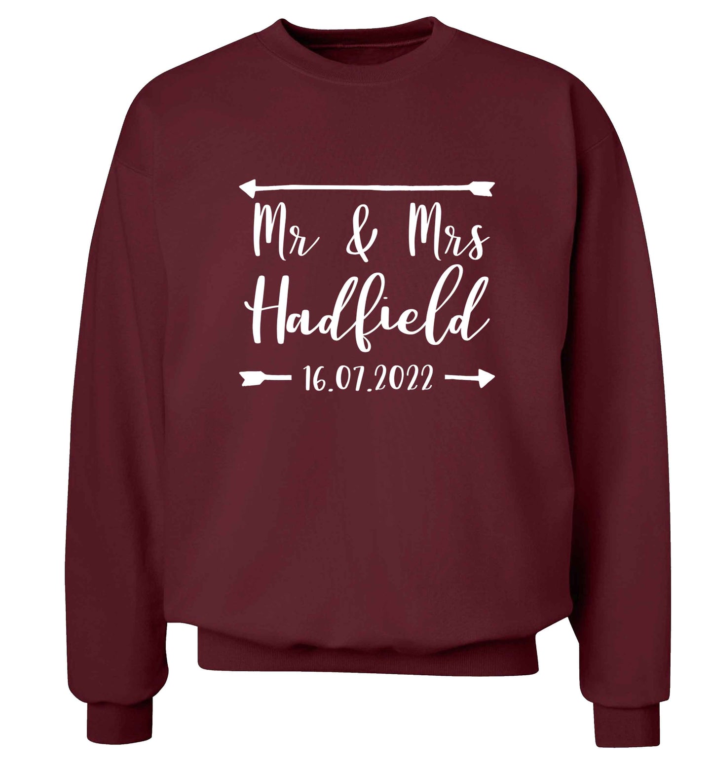Personalised Mr and Mrs wedding date! Ideal wedding favours! adult's unisex maroon sweater 2XL