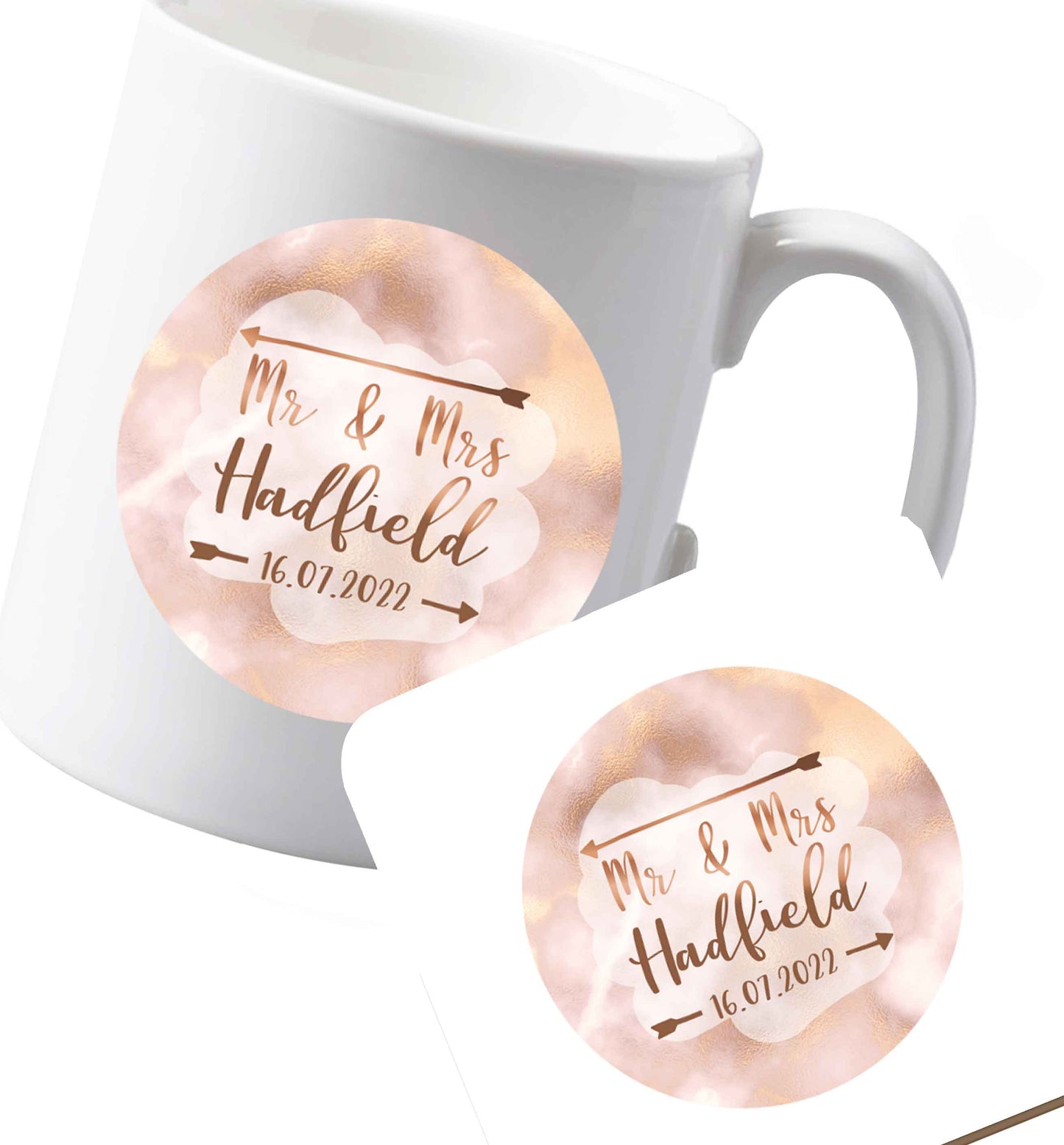 10 oz Ceramic mug and coaster Personalised Mr and Mrs wedding date! Ideal wedding favours!   both sides