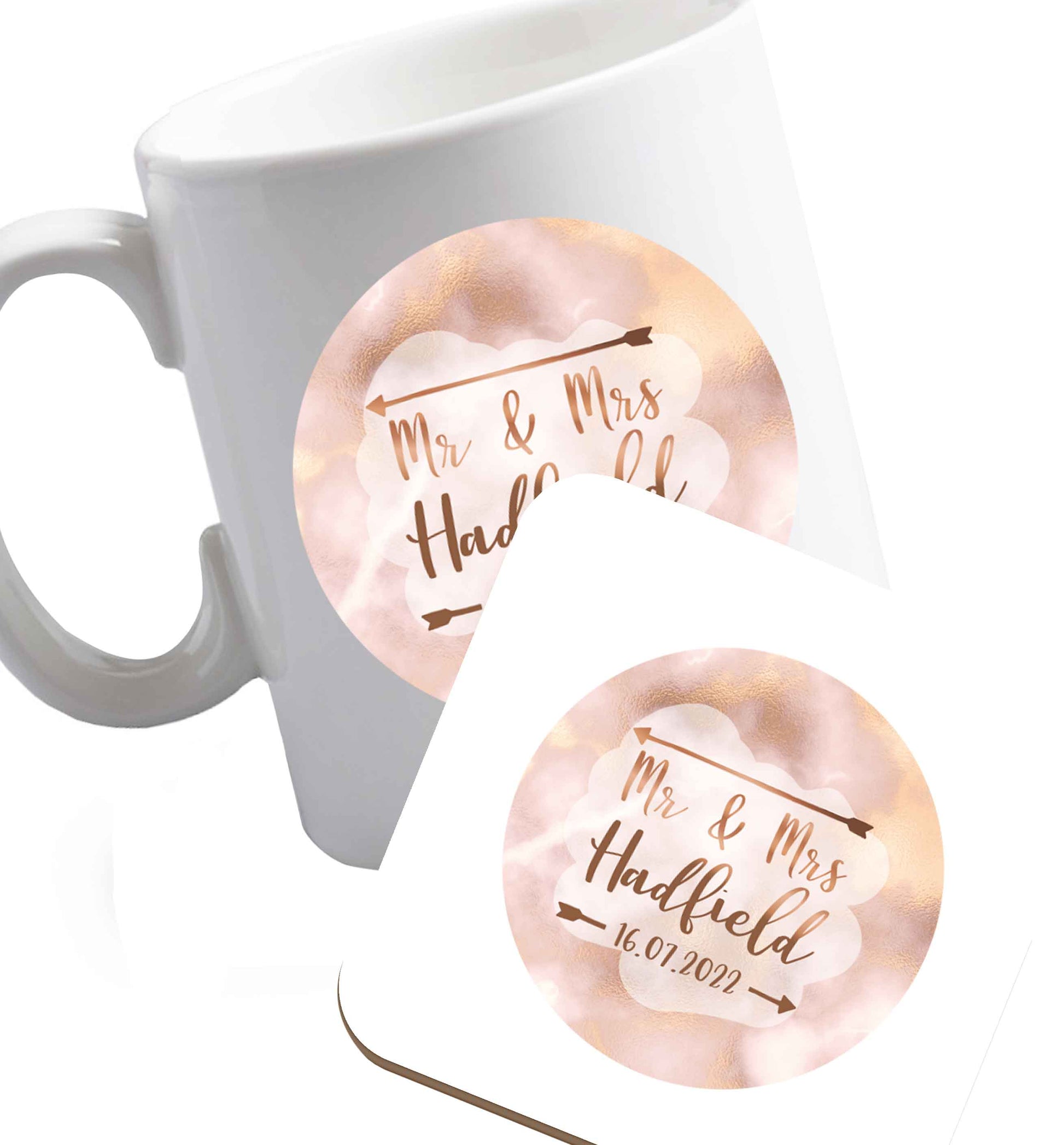 10 oz Personalised Mr and Mrs wedding date! Ideal wedding favours!   ceramic mug and coaster set right handed