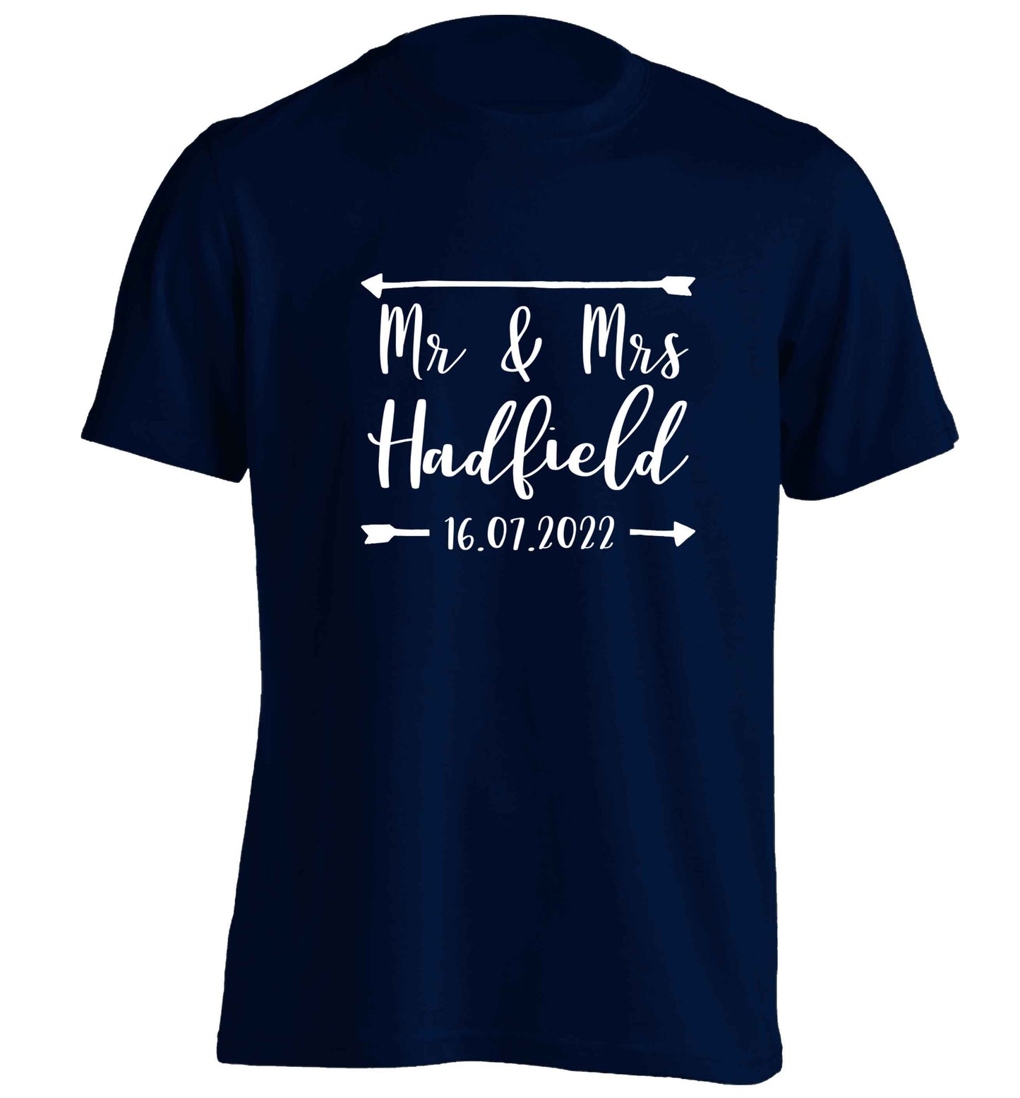 Personalised Mr and Mrs wedding date! Ideal wedding favours! adults unisex navy Tshirt 2XL