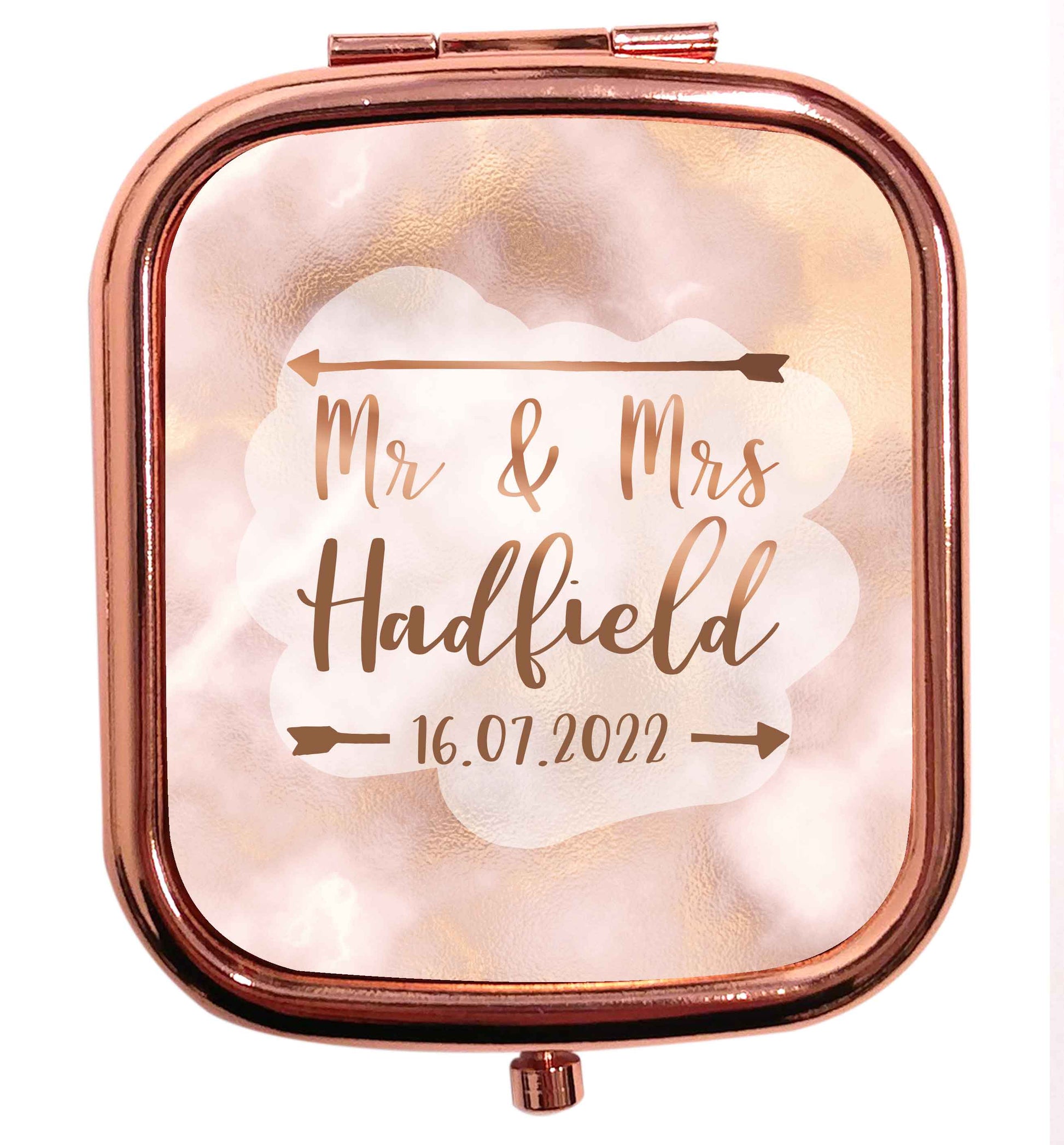Personalised Mr and Mrs wedding date! Ideal wedding favours! rose gold square pocket mirror
