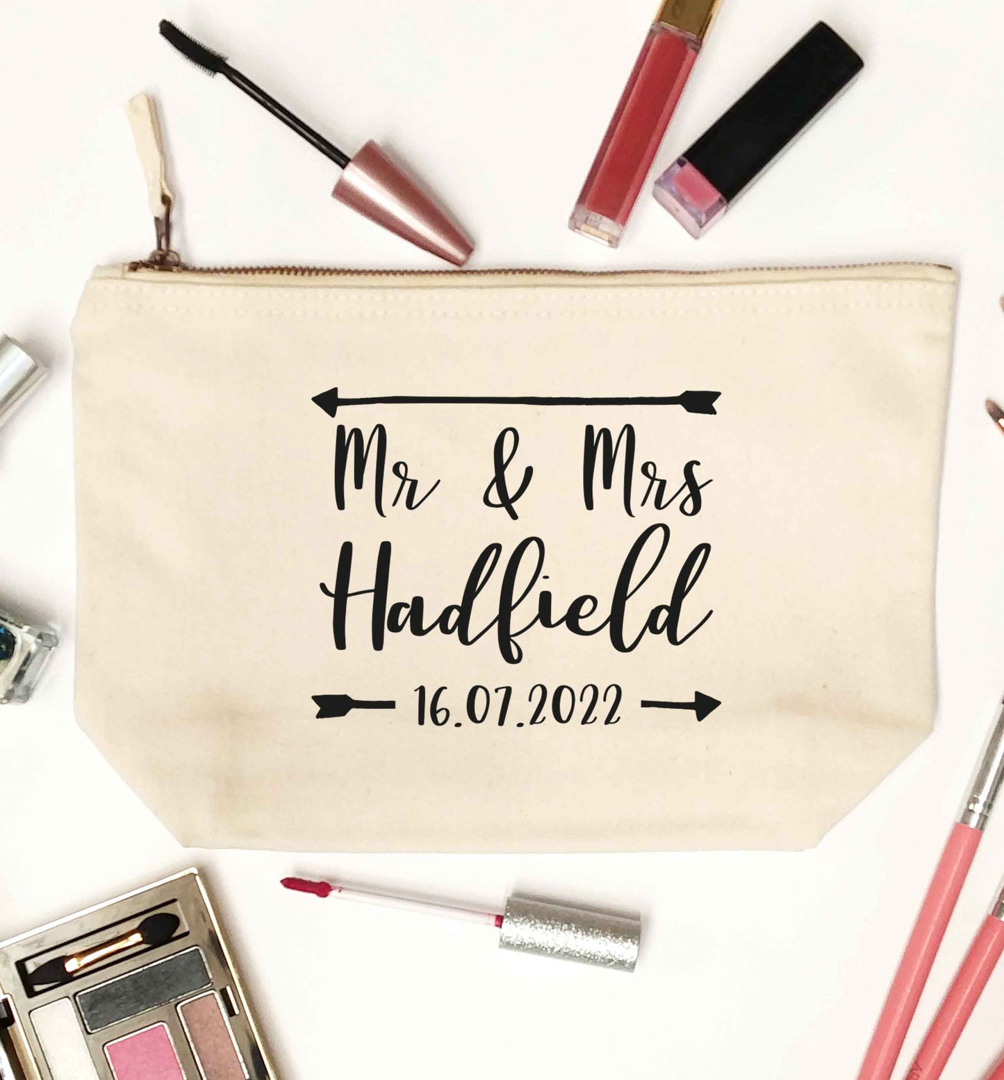 Personalised Mr and Mrs wedding date! Ideal wedding favours! natural makeup bag