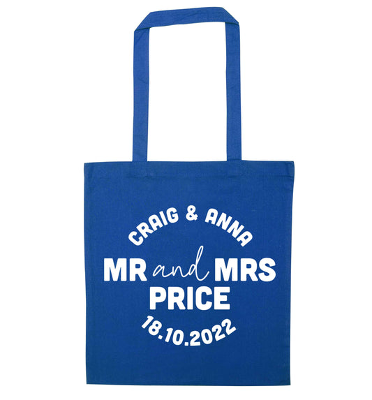 Personalised Mr and Mrs wedding and date! Ideal wedding favours! blue tote bag