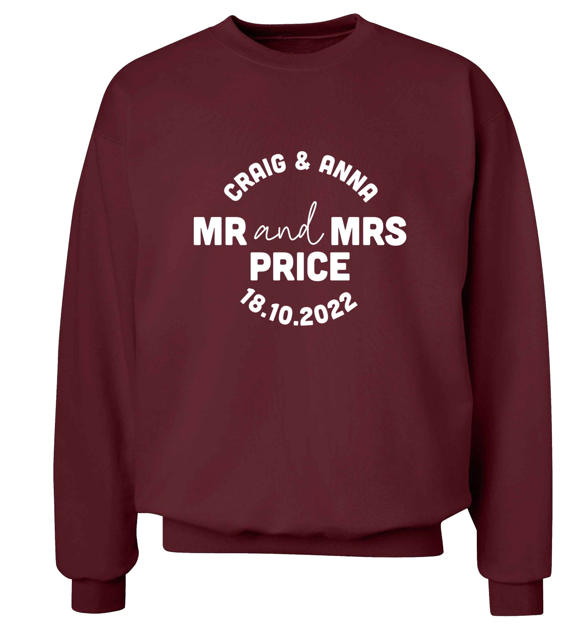 Personalised Mr and Mrs wedding and date! Ideal wedding favours! adult's unisex maroon sweater 2XL