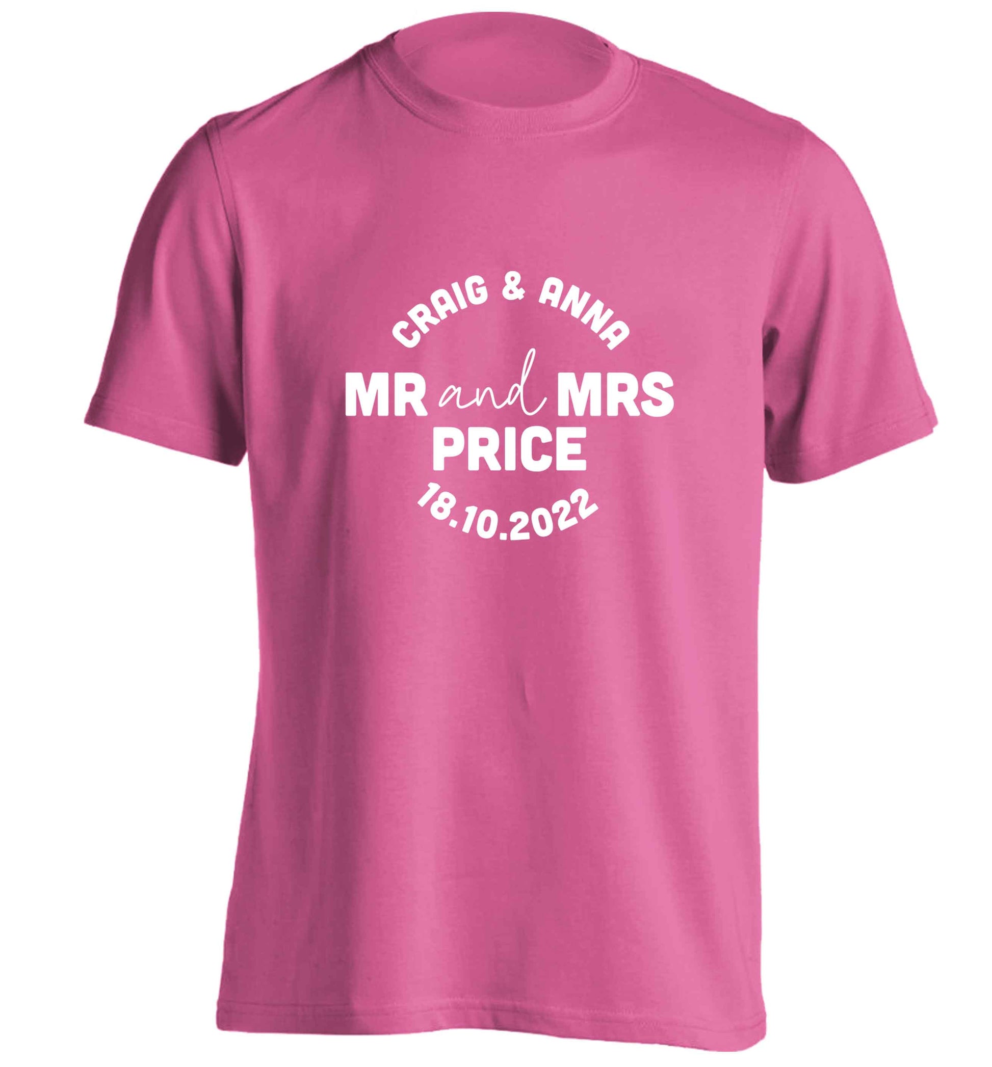 Personalised Mr and Mrs wedding and date! Ideal wedding favours! adults unisex pink Tshirt 2XL