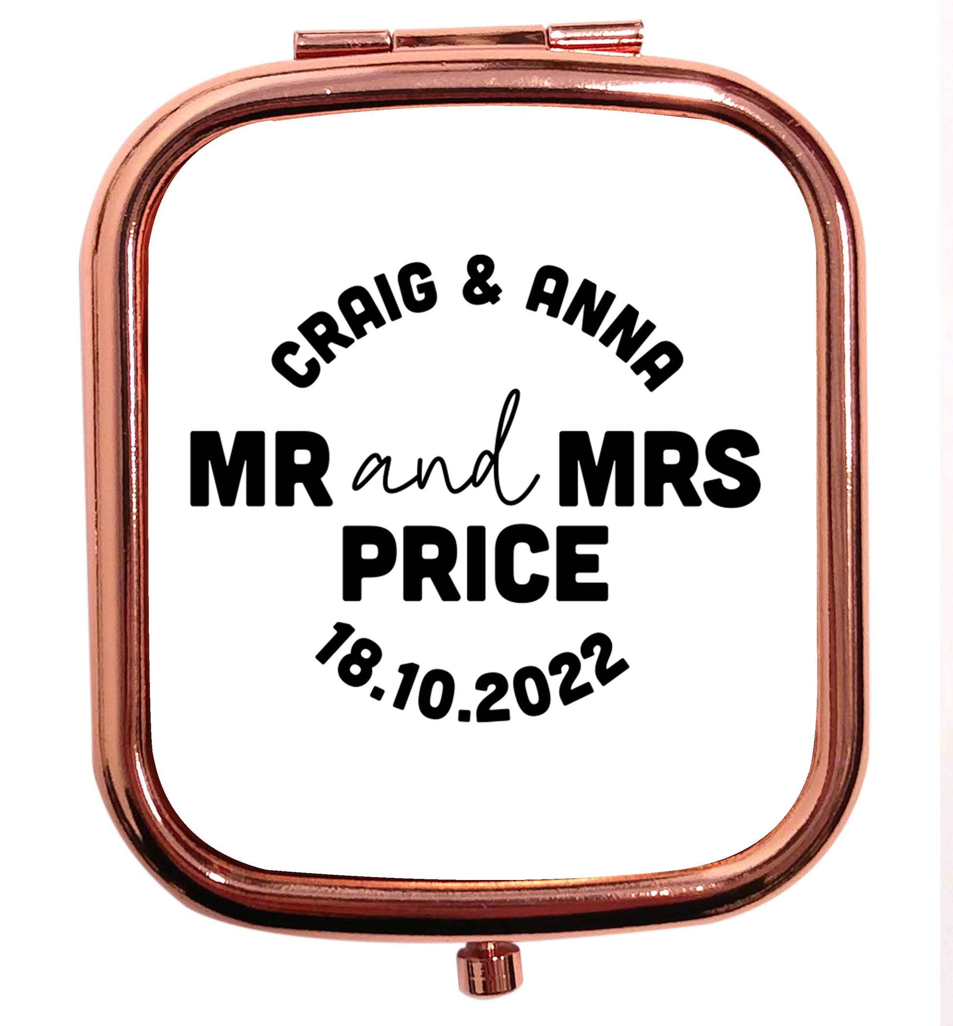 Personalised Mr and Mrs wedding and date! Ideal wedding favours! rose gold square pocket mirror