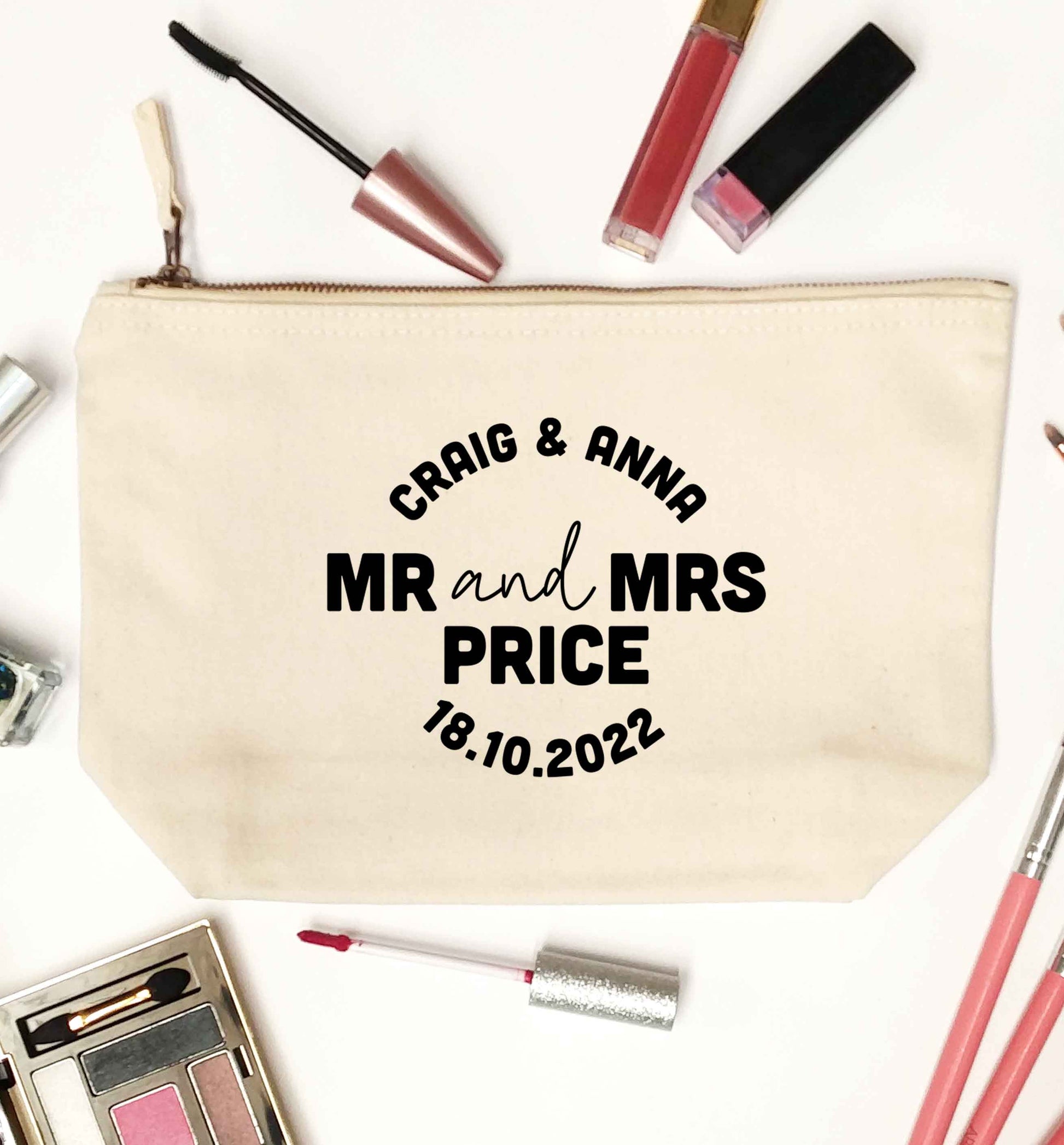 Personalised Mr and Mrs wedding and date! Ideal wedding favours! natural makeup bag