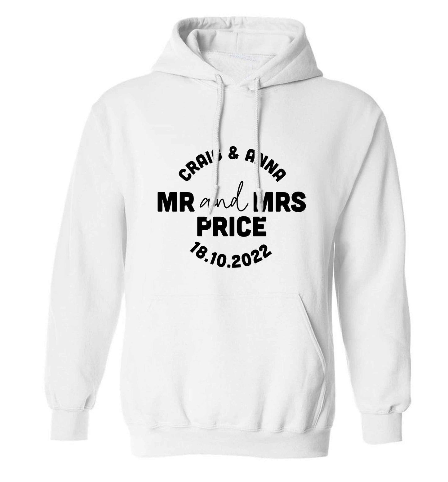 Personalised Mr and Mrs wedding and date! Ideal wedding favours! adults unisex white hoodie 2XL