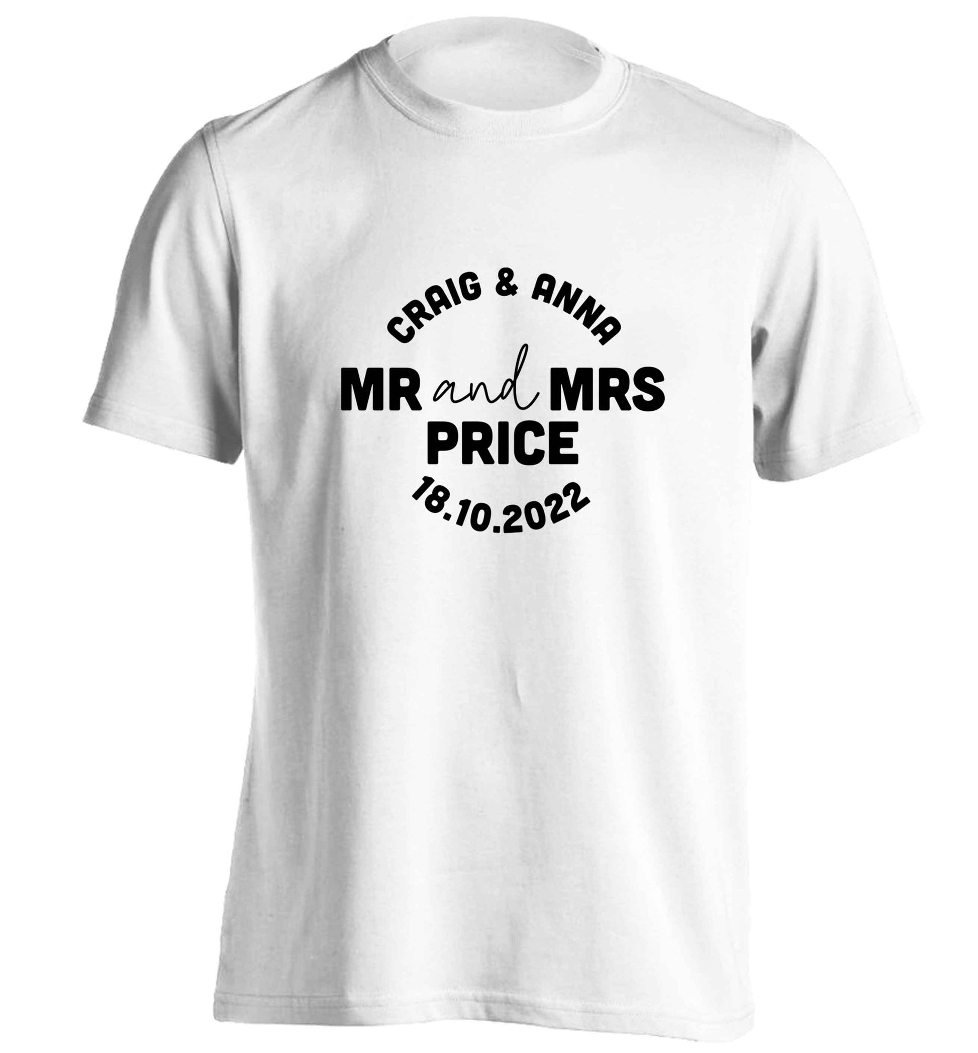 Personalised Mr and Mrs wedding and date! Ideal wedding favours! adults unisex white Tshirt 2XL