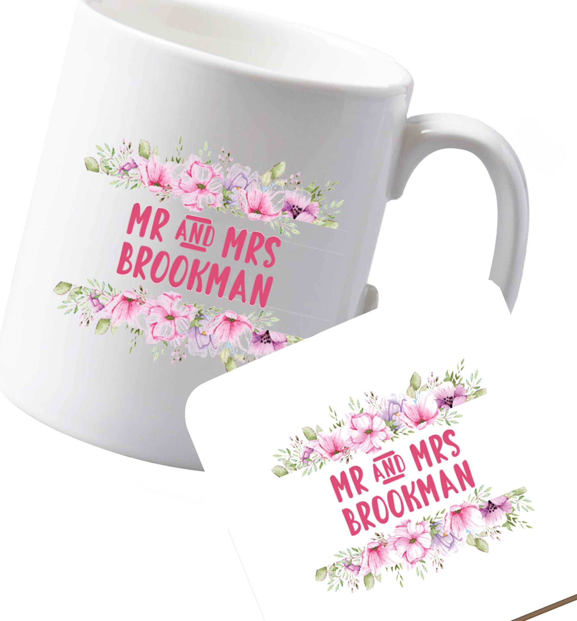 10 oz Ceramic mug and coaster Personalised Mr and Mrs wedding and date! Ideal wedding favours!   both sides