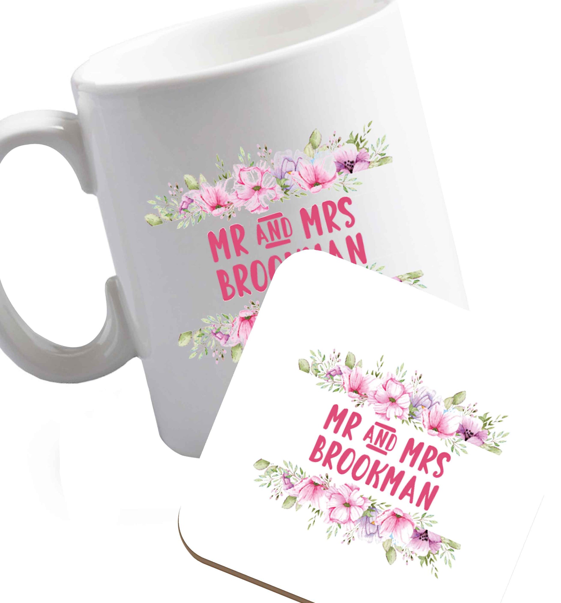 10 oz Personalised Mr and Mrs wedding and date! Ideal wedding favours!   ceramic mug and coaster set right handed