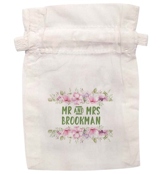 Green Floral Personalised Wedding Date and Name  | XS - L | Pouch / Drawstring bag / Sack | Organic Cotton | Bulk discounts available!