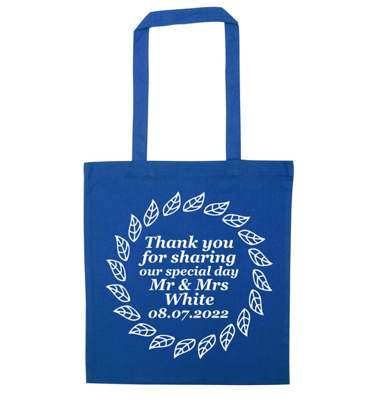 Personalised wedding thank you's Mr and Mrs wedding and date! Ideal wedding favours! blue tote bag