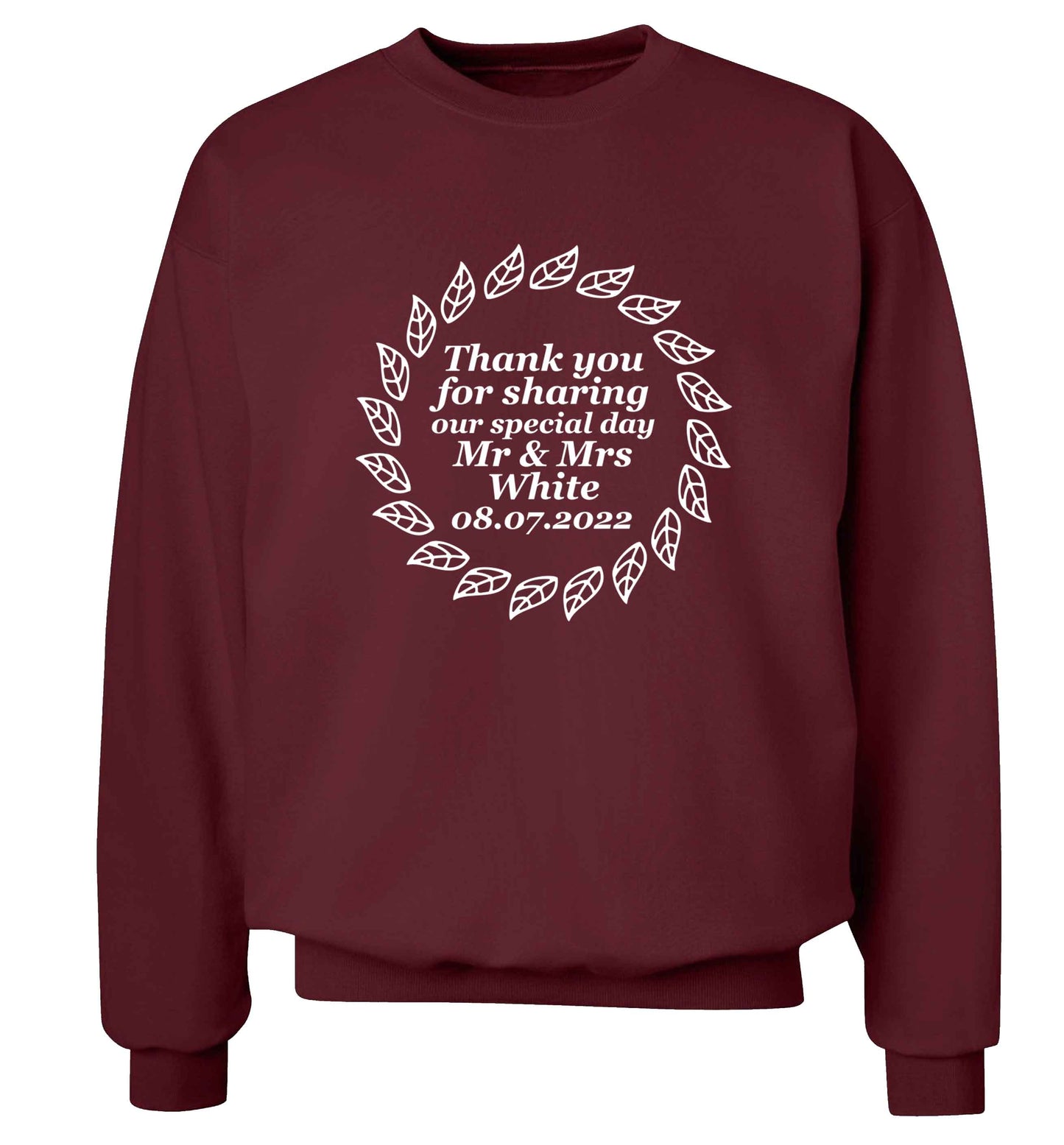 Personalised wedding thank you's Mr and Mrs wedding and date! Ideal wedding favours! adult's unisex maroon sweater 2XL