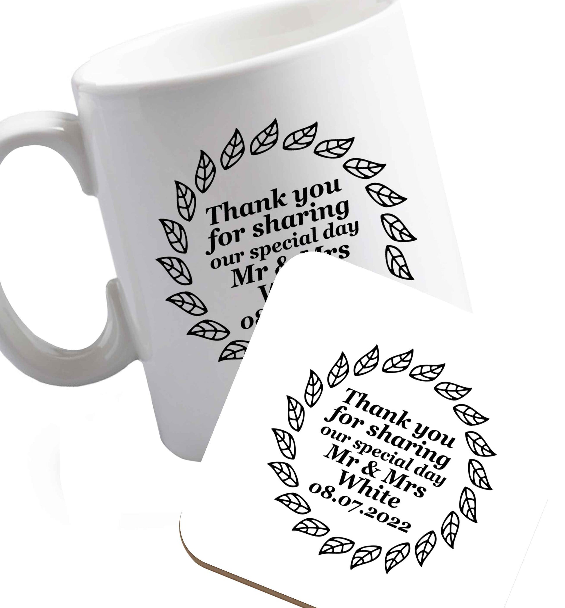 10 oz Personalised wedding thank you's Mr and Mrs wedding and date! Ideal wedding favours!   ceramic mug and coaster set right handed