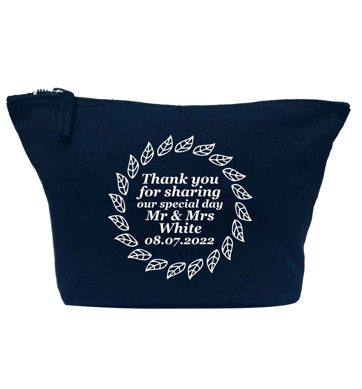 Personalised wedding thank you's Mr and Mrs wedding and date! Ideal wedding favours! navy makeup bag