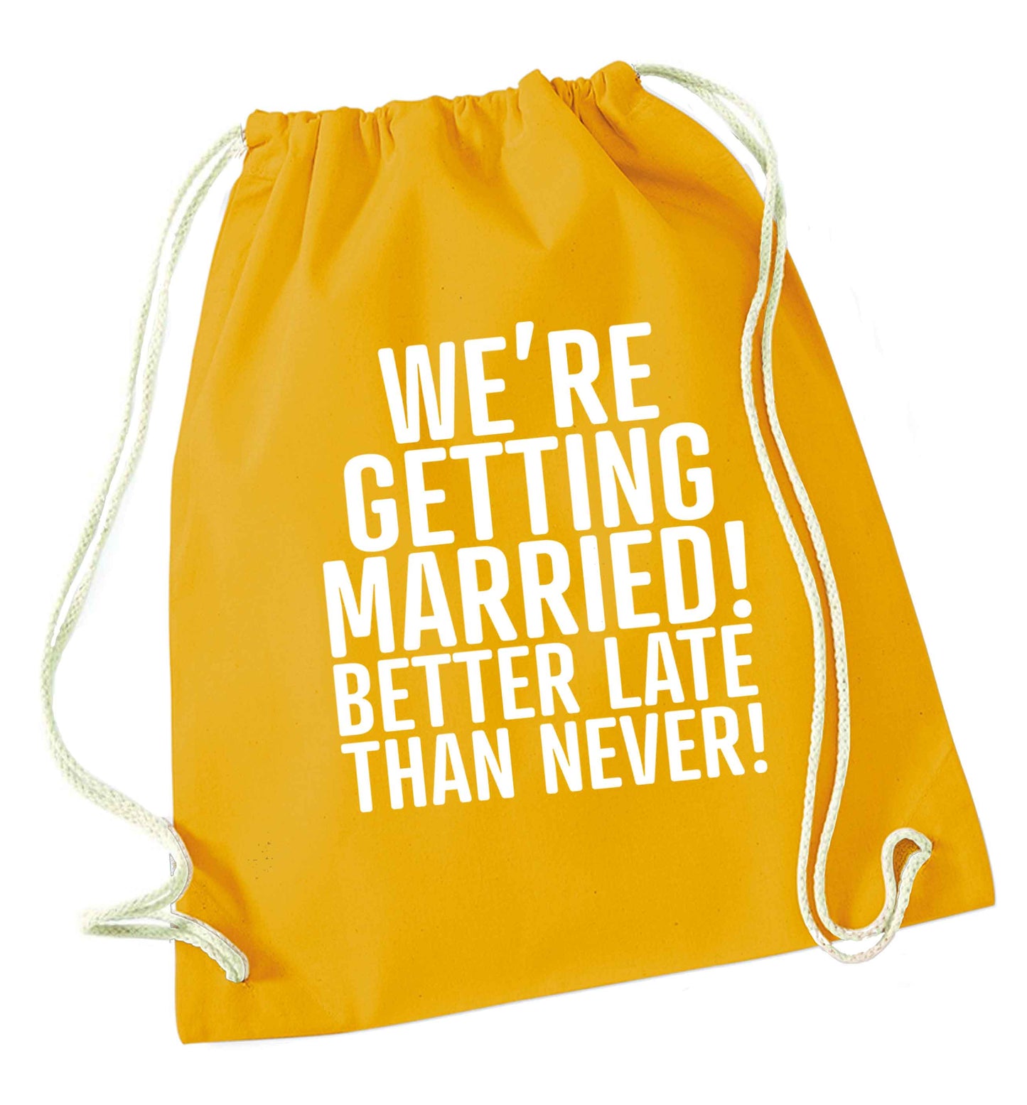 Always the bridesmaid but never the bride? Until now! mustard drawstring bag