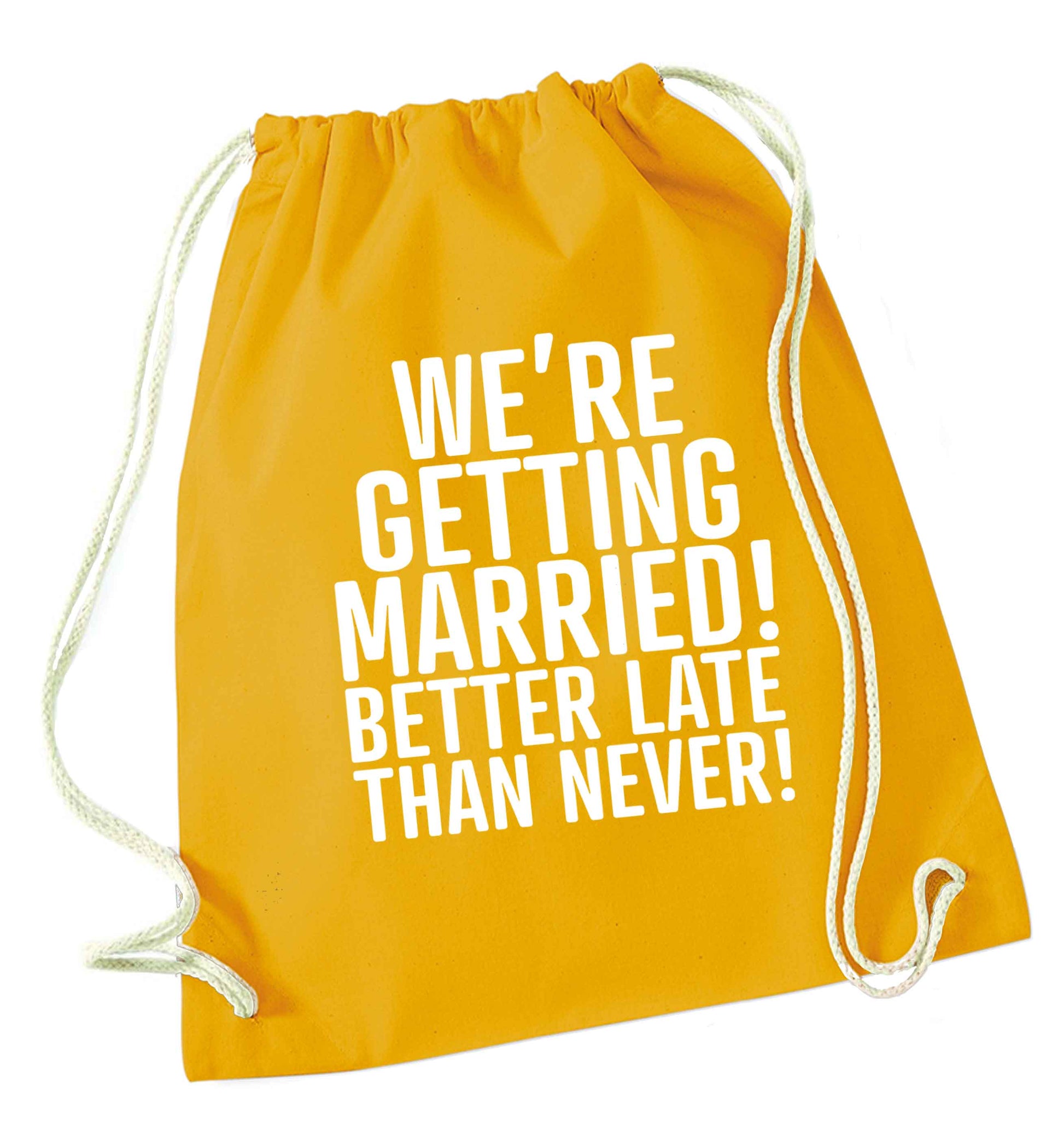 Always the bridesmaid but never the bride? Until now! mustard drawstring bag