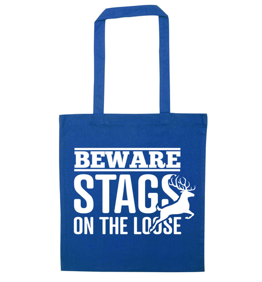Beware stags on the loose blue tote bag