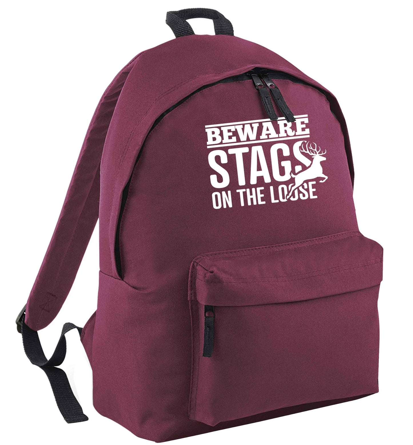Beware stags on the loose maroon adults backpack