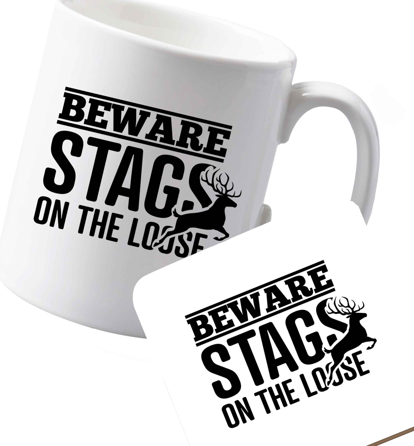 10 oz Ceramic mug and coaster Beware stags on the loose   both sides