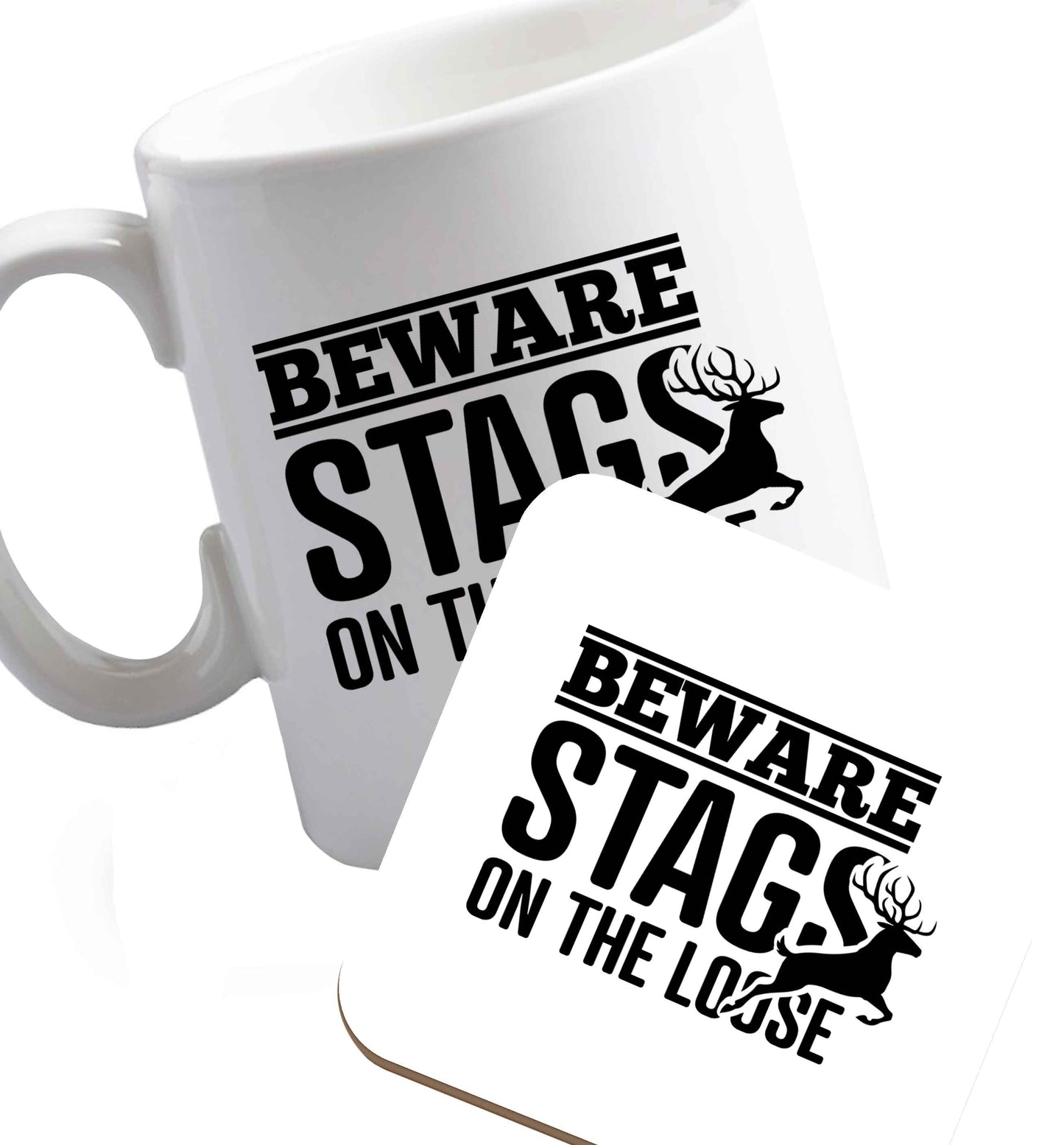 10 oz Beware stags on the loose   ceramic mug and coaster set right handed