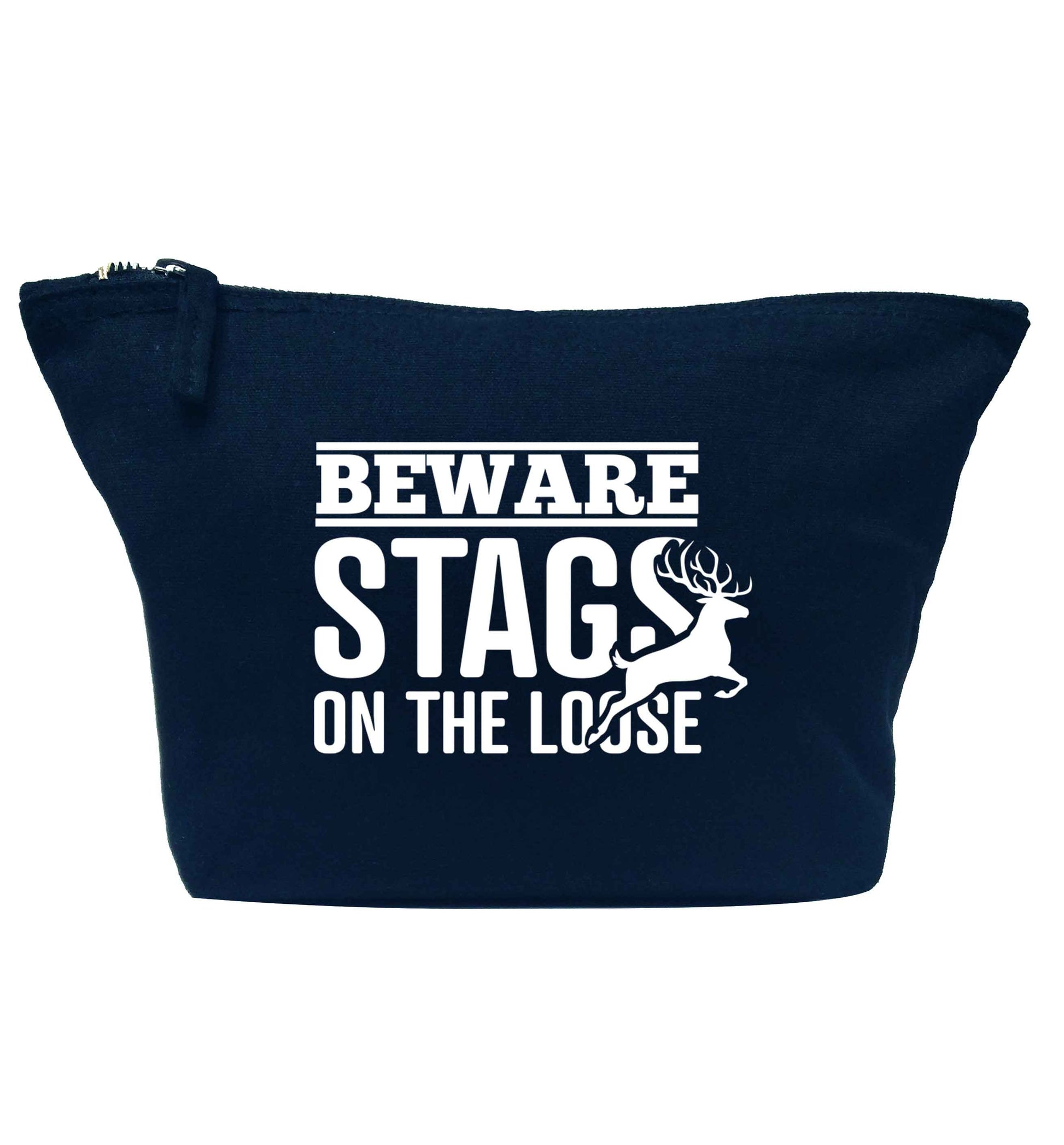Beware stags on the loose navy makeup bag