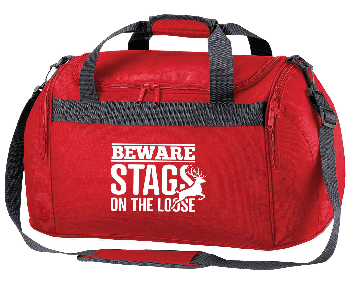 Beware stags on the loose red holdall / duffel bag