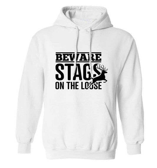 Beware stags on the loose adults unisex white hoodie 2XL