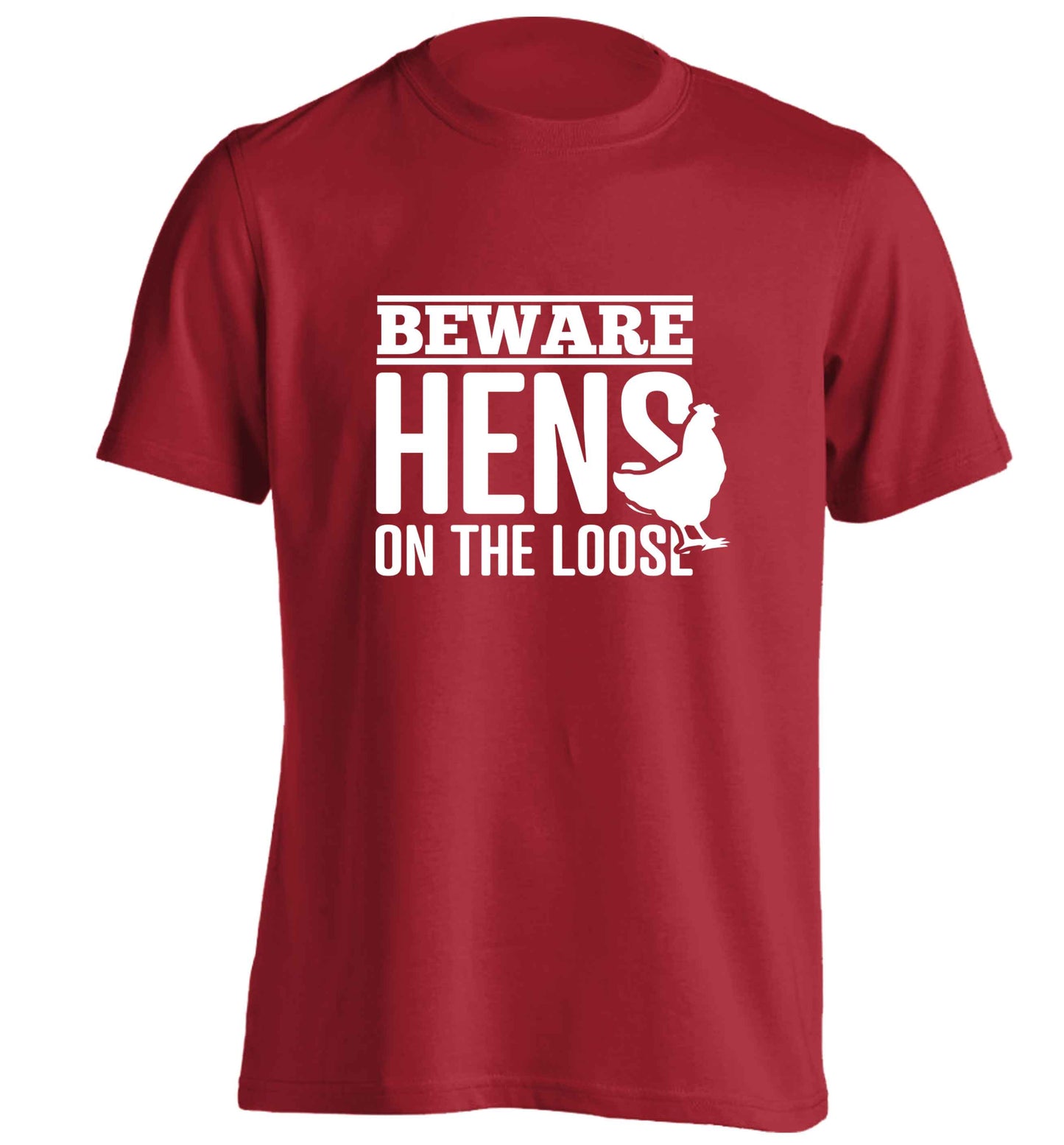 Beware hens on the loose adults unisex red Tshirt 2XL