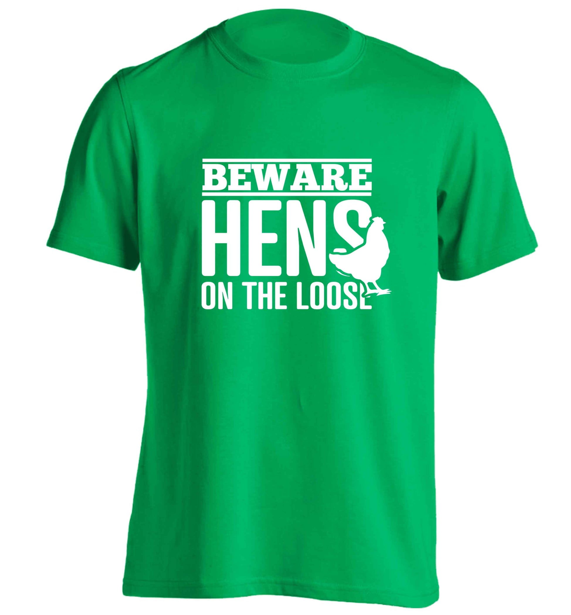 Beware hens on the loose adults unisex green Tshirt 2XL