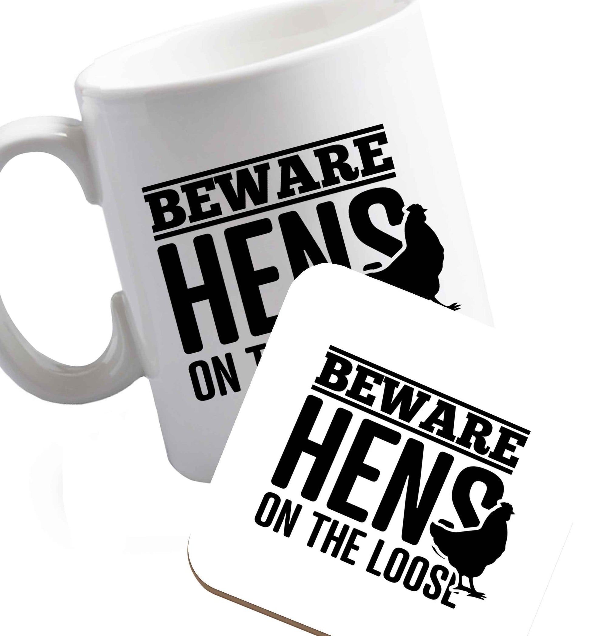 10 oz Beware hens on the loose   ceramic mug and coaster set right handed