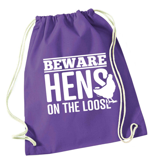Beware hens on the loose purple drawstring bag