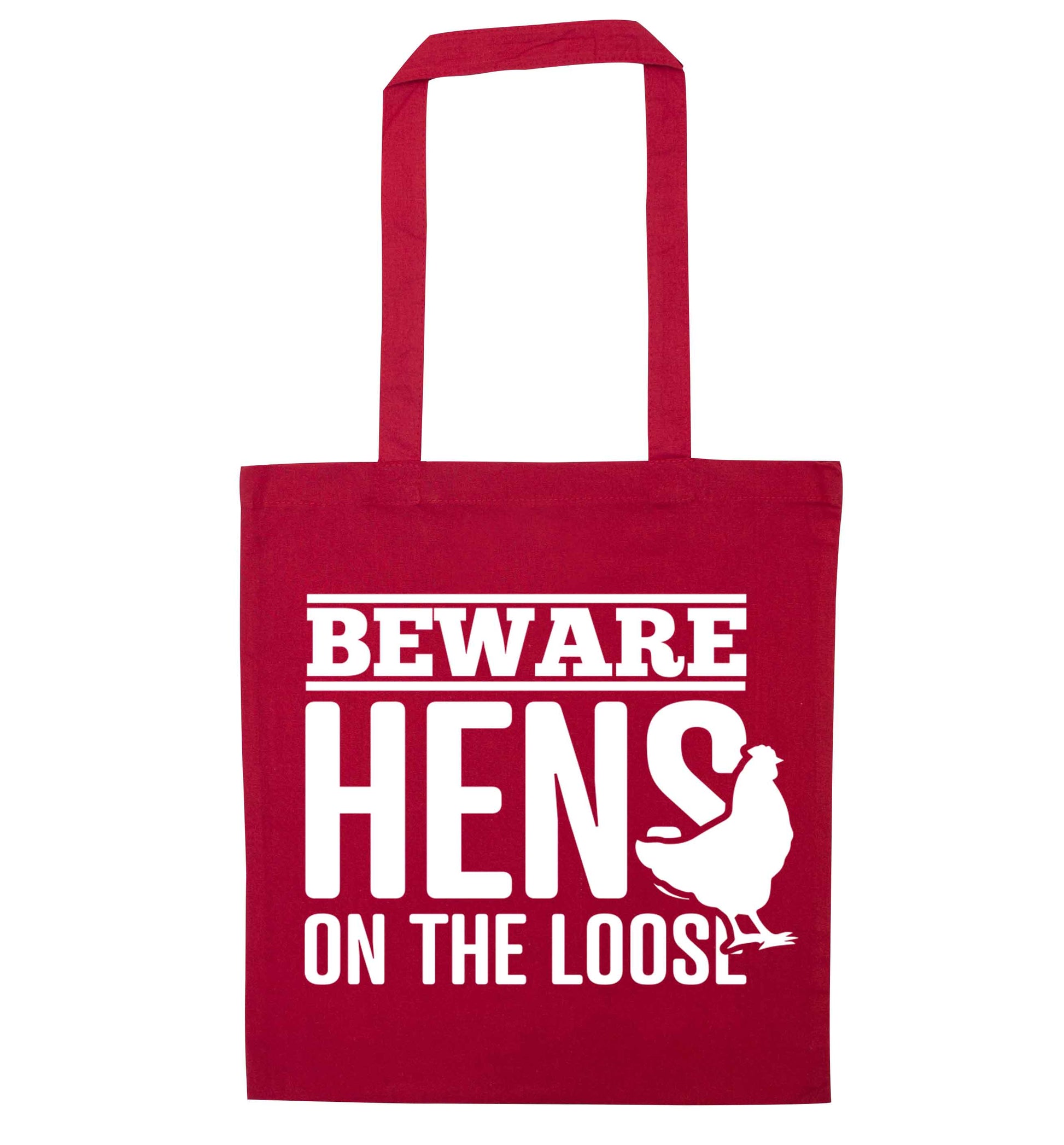 Beware hens on the loose red tote bag