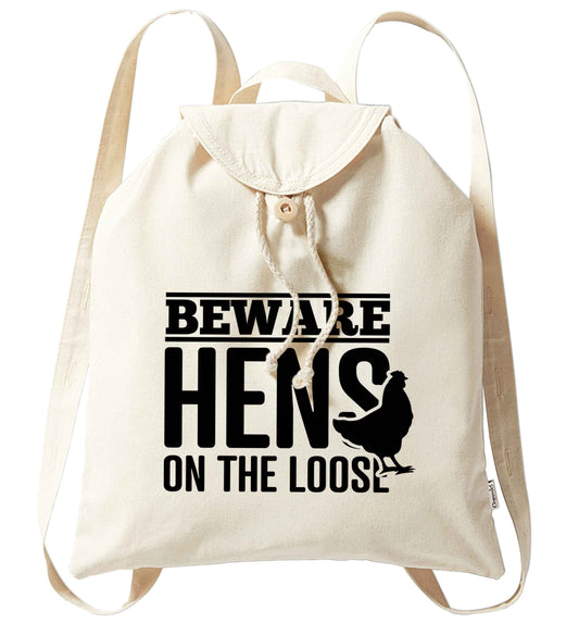 Beware hens on the loose organic cotton backpack tote with wooden buttons in natural