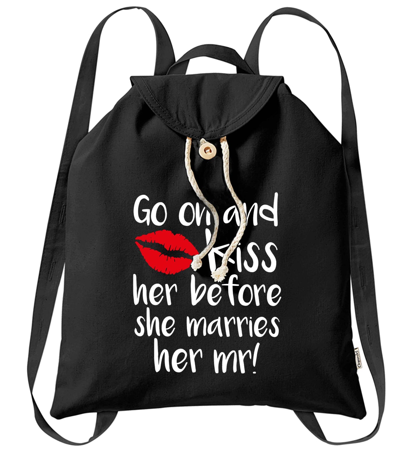 Kiss her before she marries her mr! organic cotton backpack tote with wooden buttons in black
