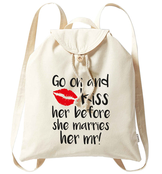 Kiss her before she marries her mr! organic cotton backpack tote with wooden buttons in natural