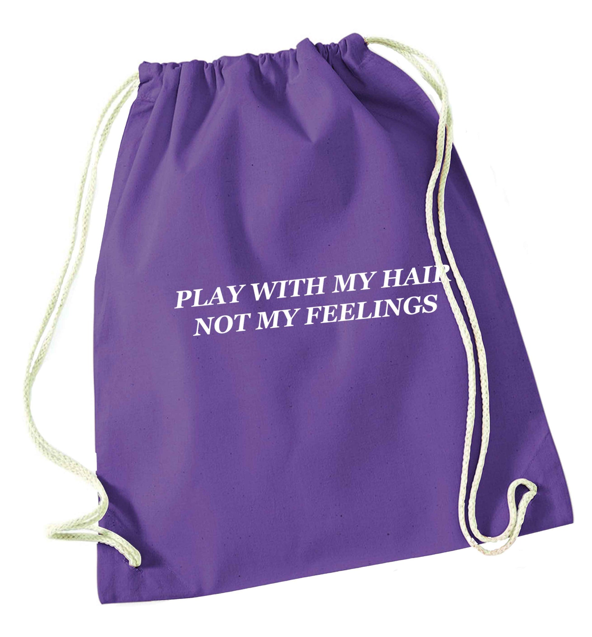 Play with my hair not my feelings purple drawstring bag