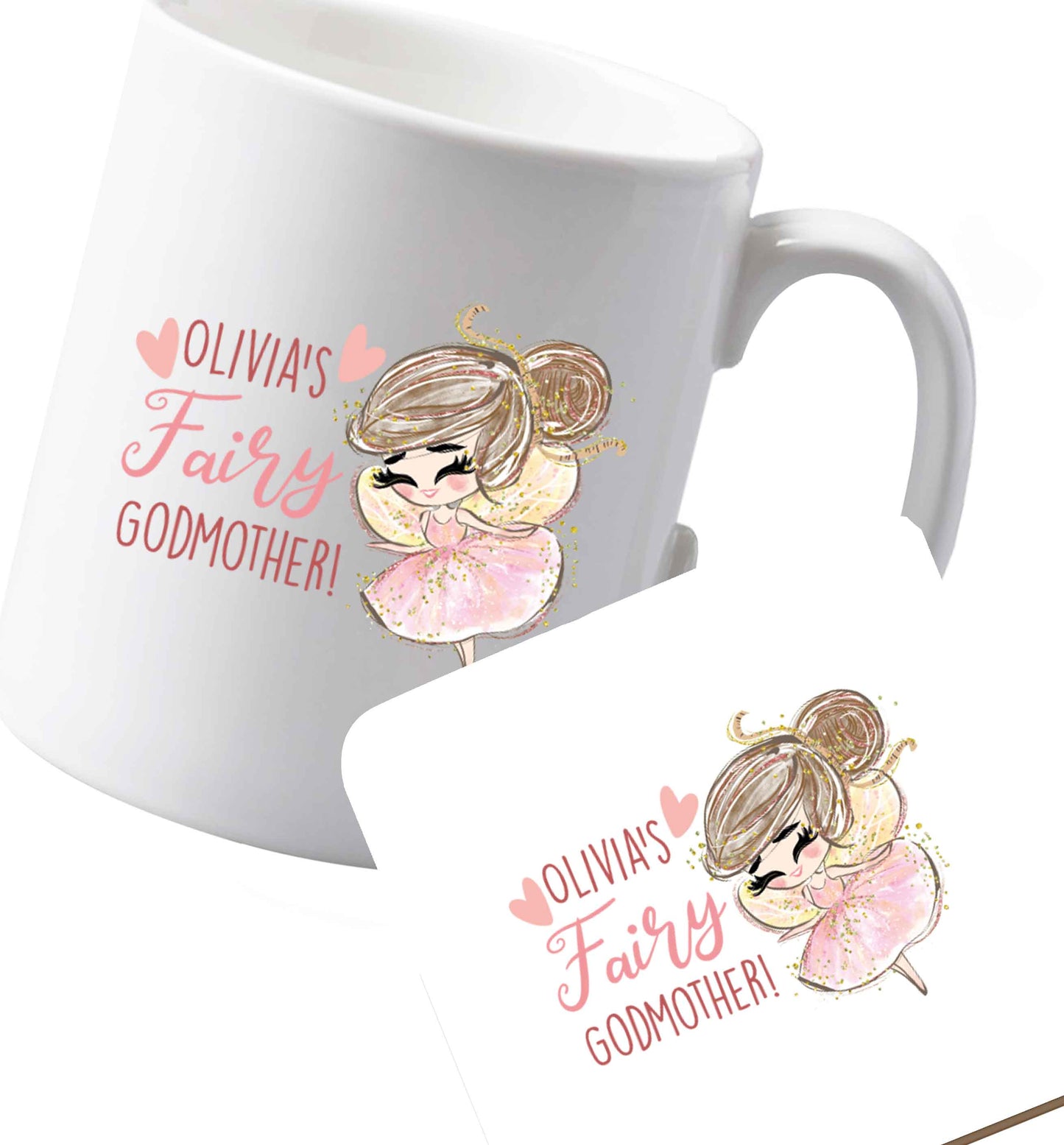 10 oz Ceramic mug and coaster Personalised fairy Godmother - brown hair  both sides