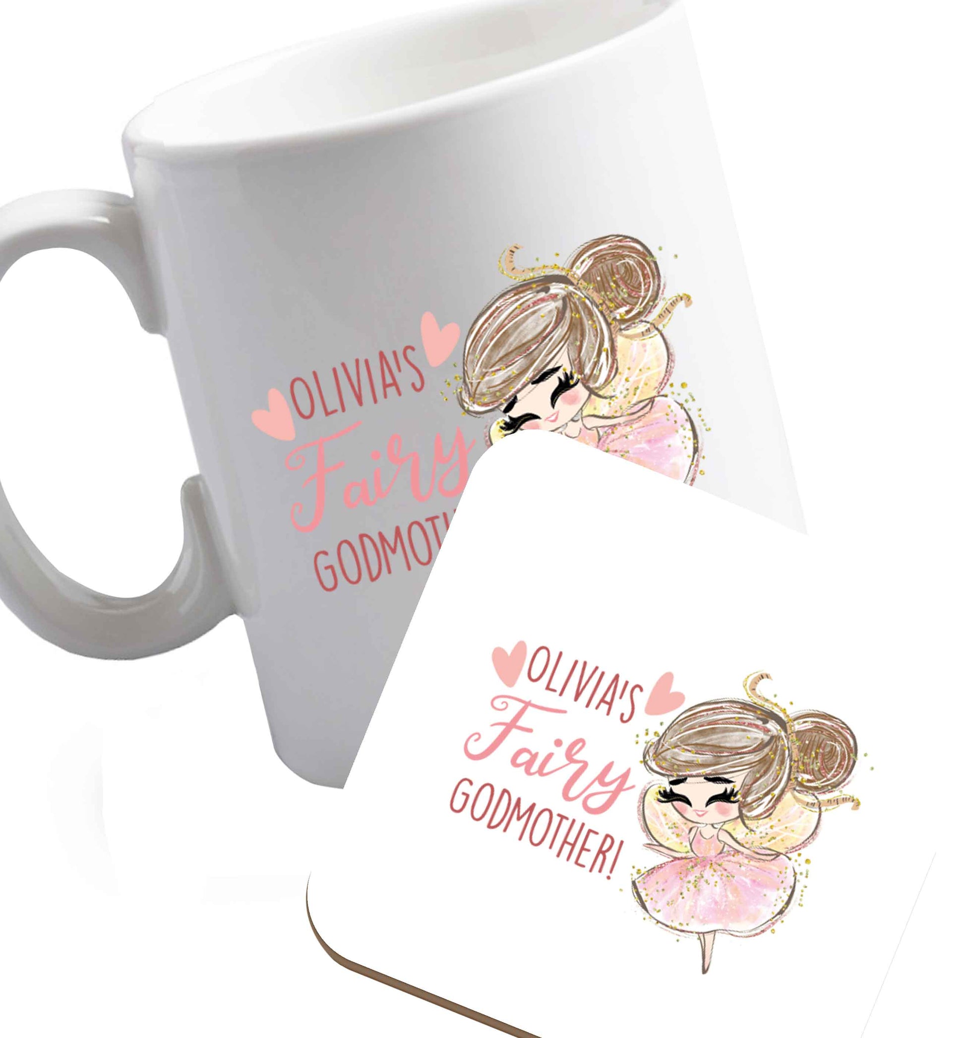 10 oz Personalised fairy Godmother - brown hair  ceramic mug and coaster set right handed