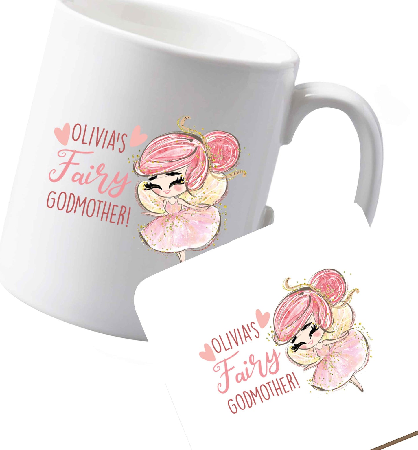 10 oz Ceramic mug and coaster Personalised fairy Godmother - red hair  both sides