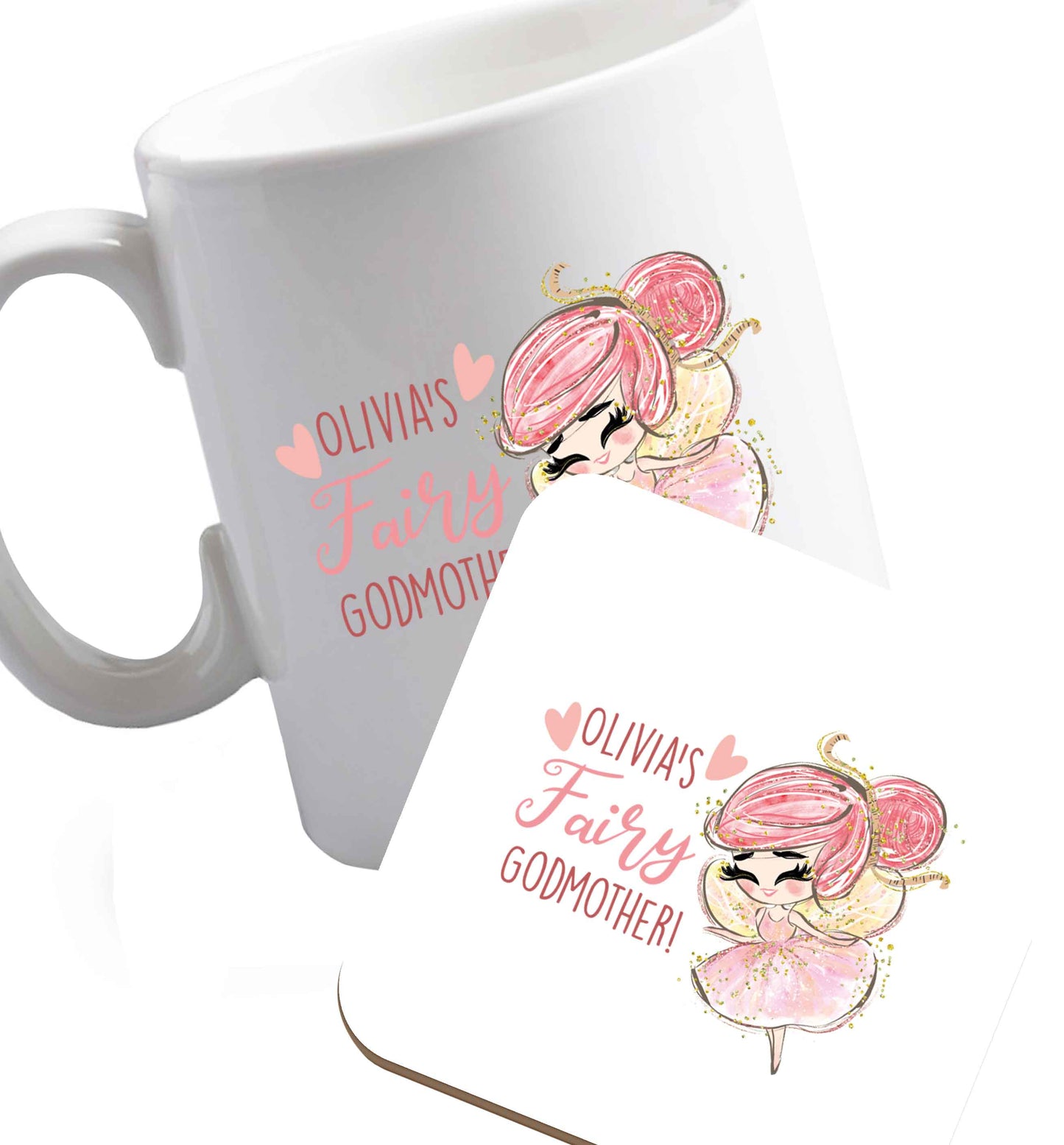 10 oz Personalised fairy Godmother - red hair  ceramic mug and coaster set right handed