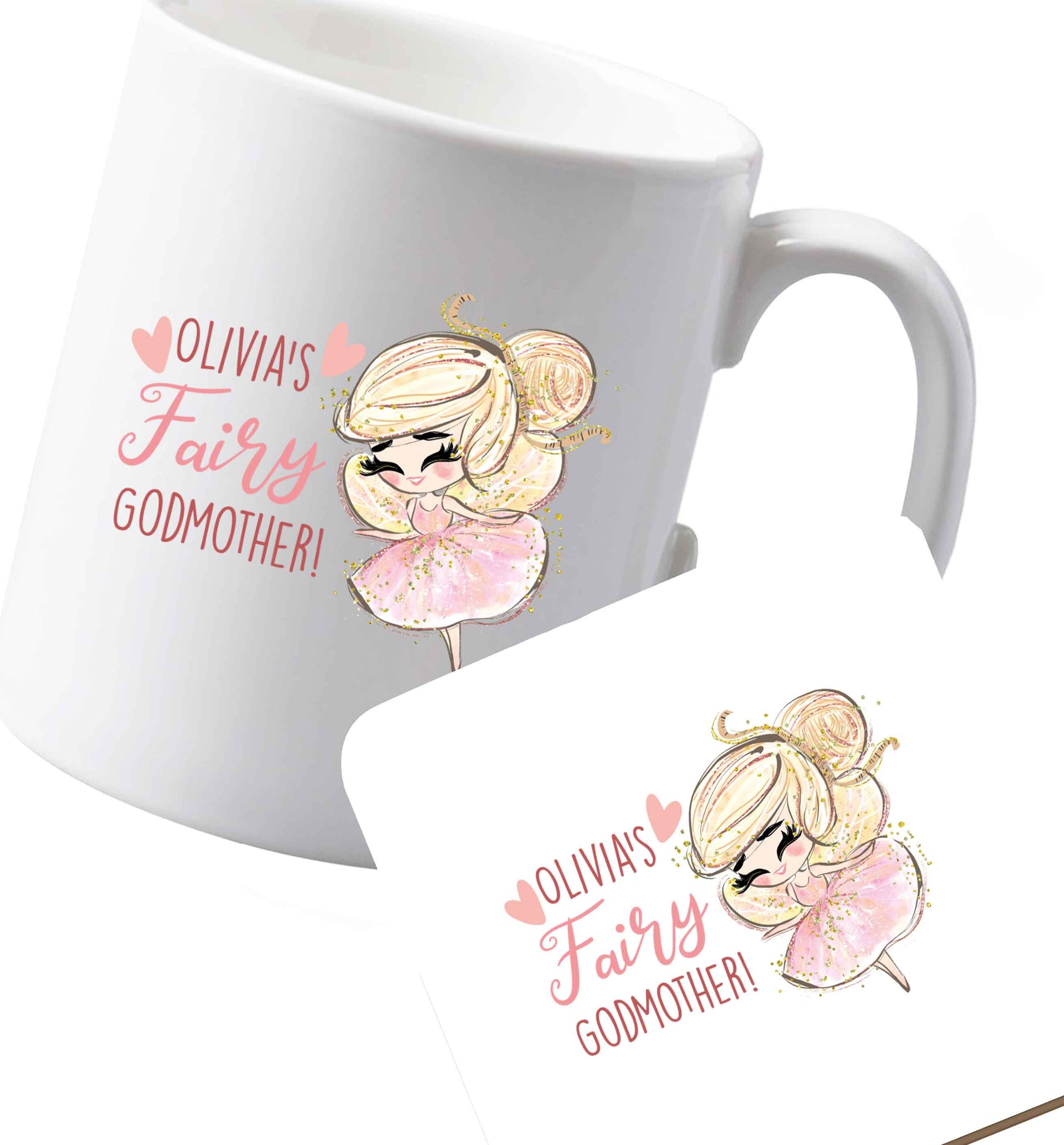 10 oz Ceramic mug and coaster Personalised fairy Godmother - blonde hair  both sides