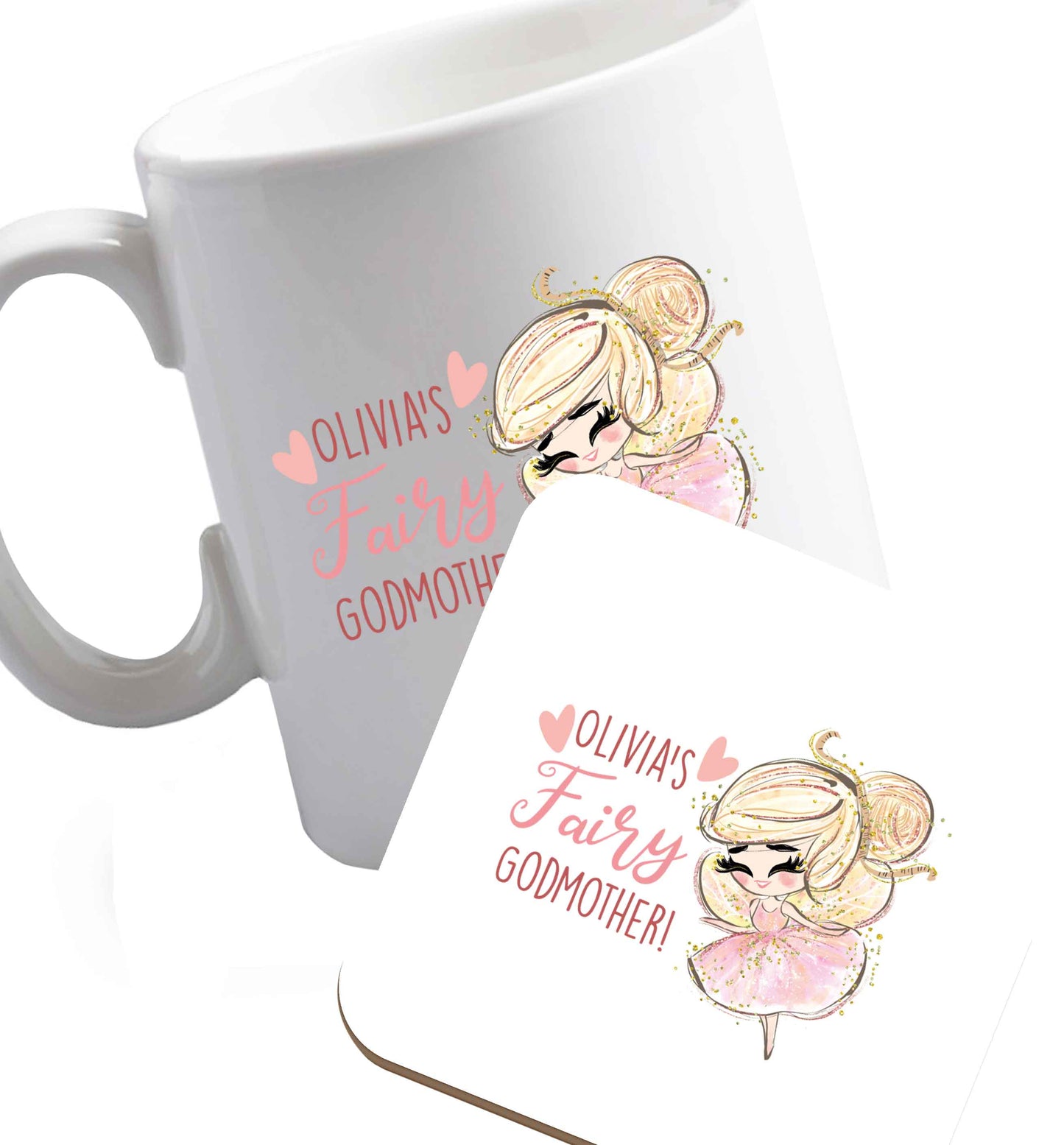 10 oz Personalised fairy Godmother - blonde hair  ceramic mug and coaster set right handed