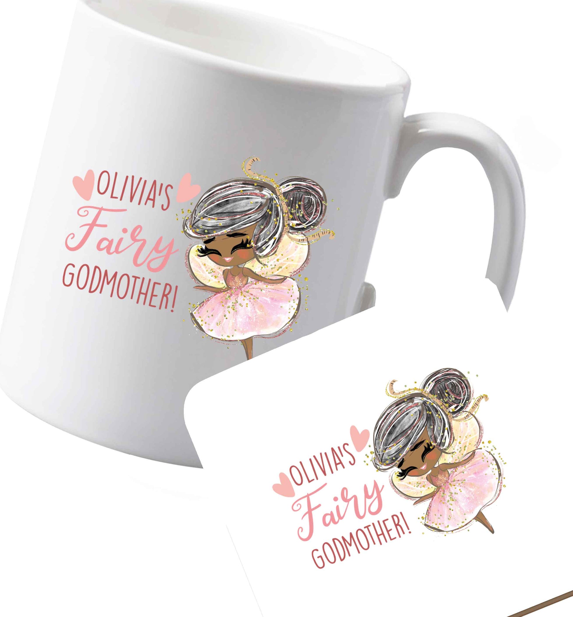 10 oz Ceramic mug and coaster Personalised fairy Godmother - black hair  both sides