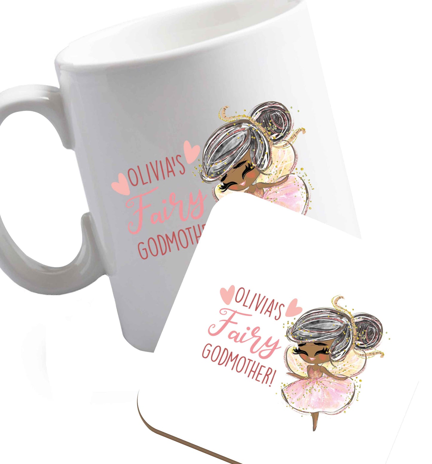 10 oz Personalised fairy Godmother - black hair  ceramic mug and coaster set right handed