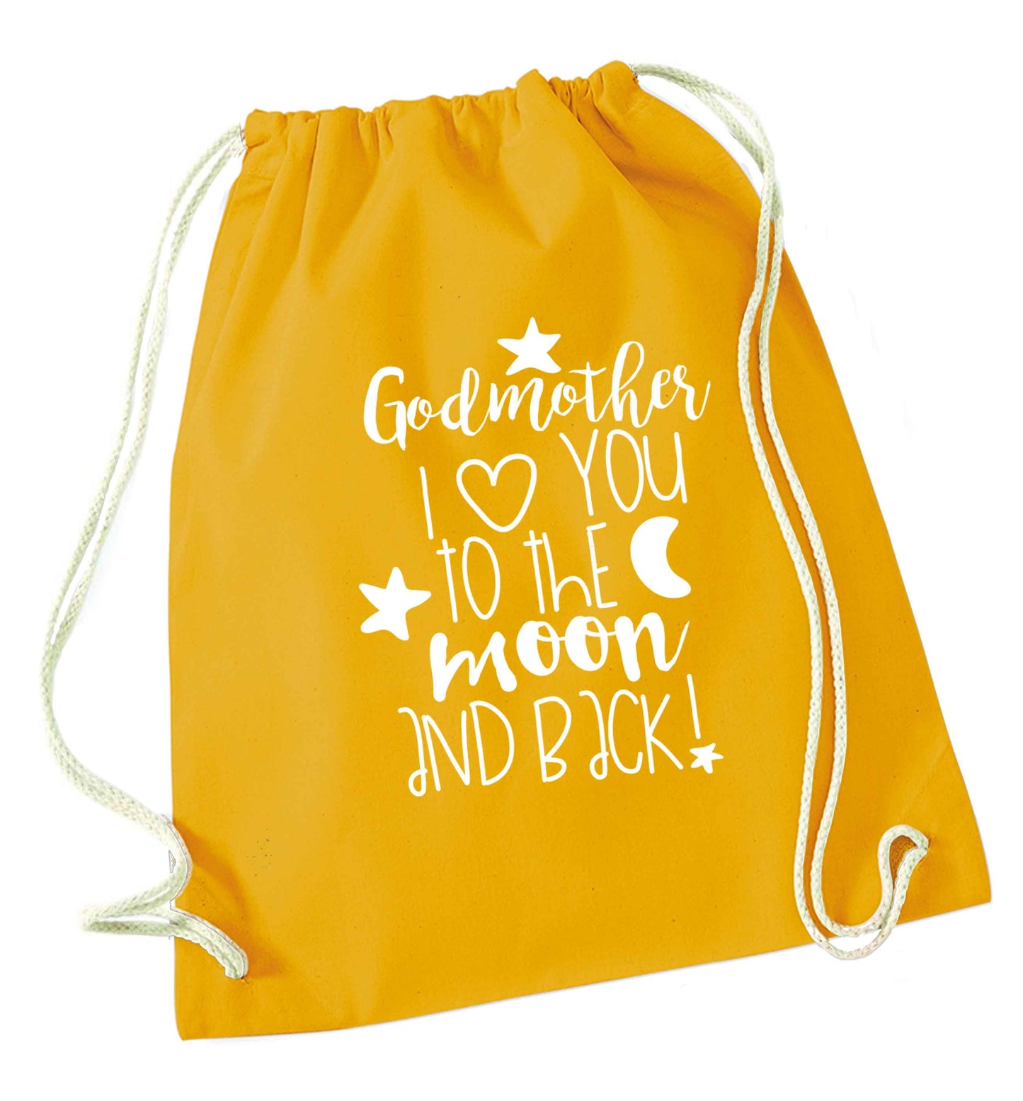 Godmother I love you to the moon and back mustard drawstring bag